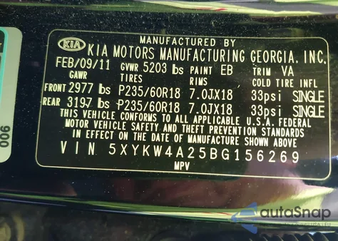 2011 Kia Sorento Sx V6 from USA, damaged, VIN 5XYKW4A25BG156269
